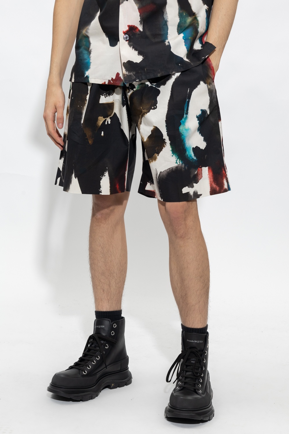 Alexander Mcqueen Cotton Bermuda Shorts With All-over Graffiti Acquerello Print In Black