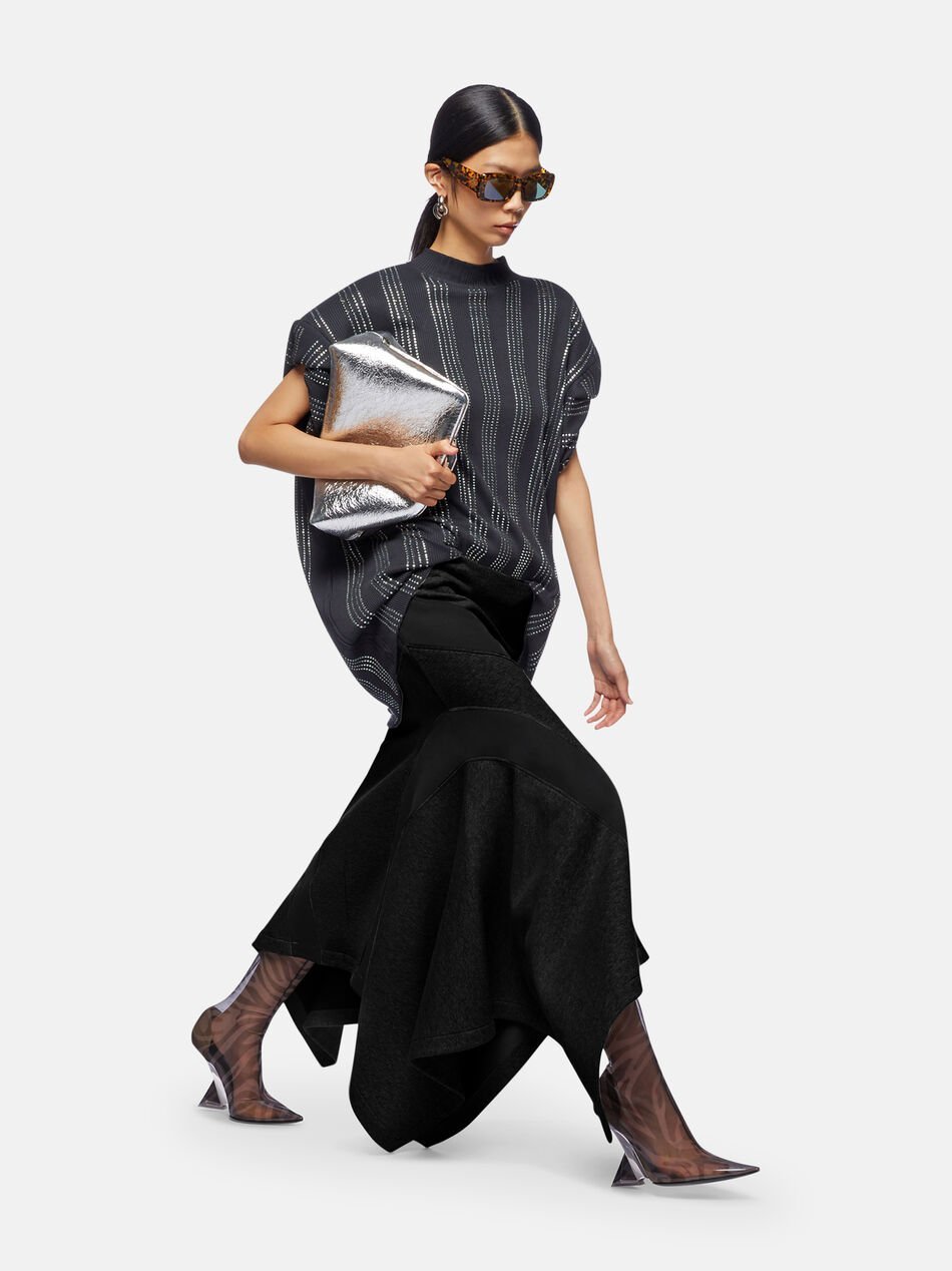 Attico Grey Midi Skirt With Logo Lettering And Handkerchief Hem In Cotton Woman In Black