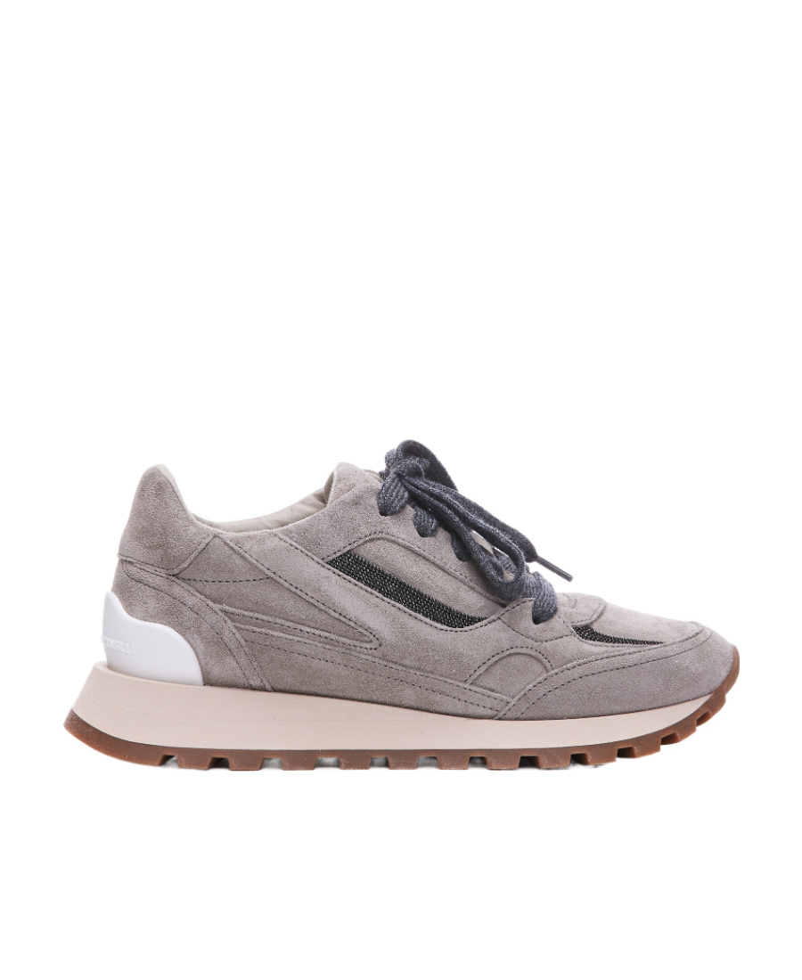 Brunello Cucinelli Embellished Suede Sneakers In Gray