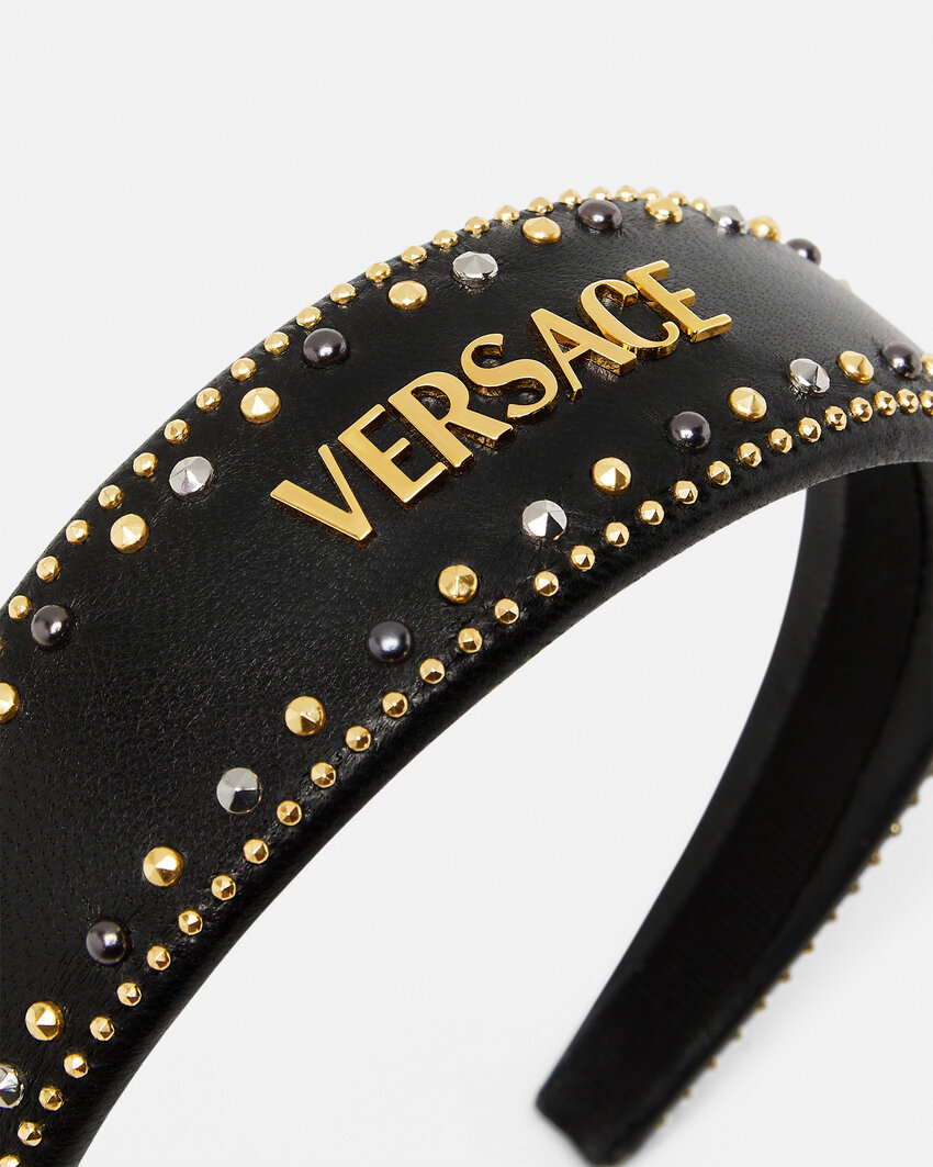 Versace Leather Logo-plaque Studded Headband In Black
