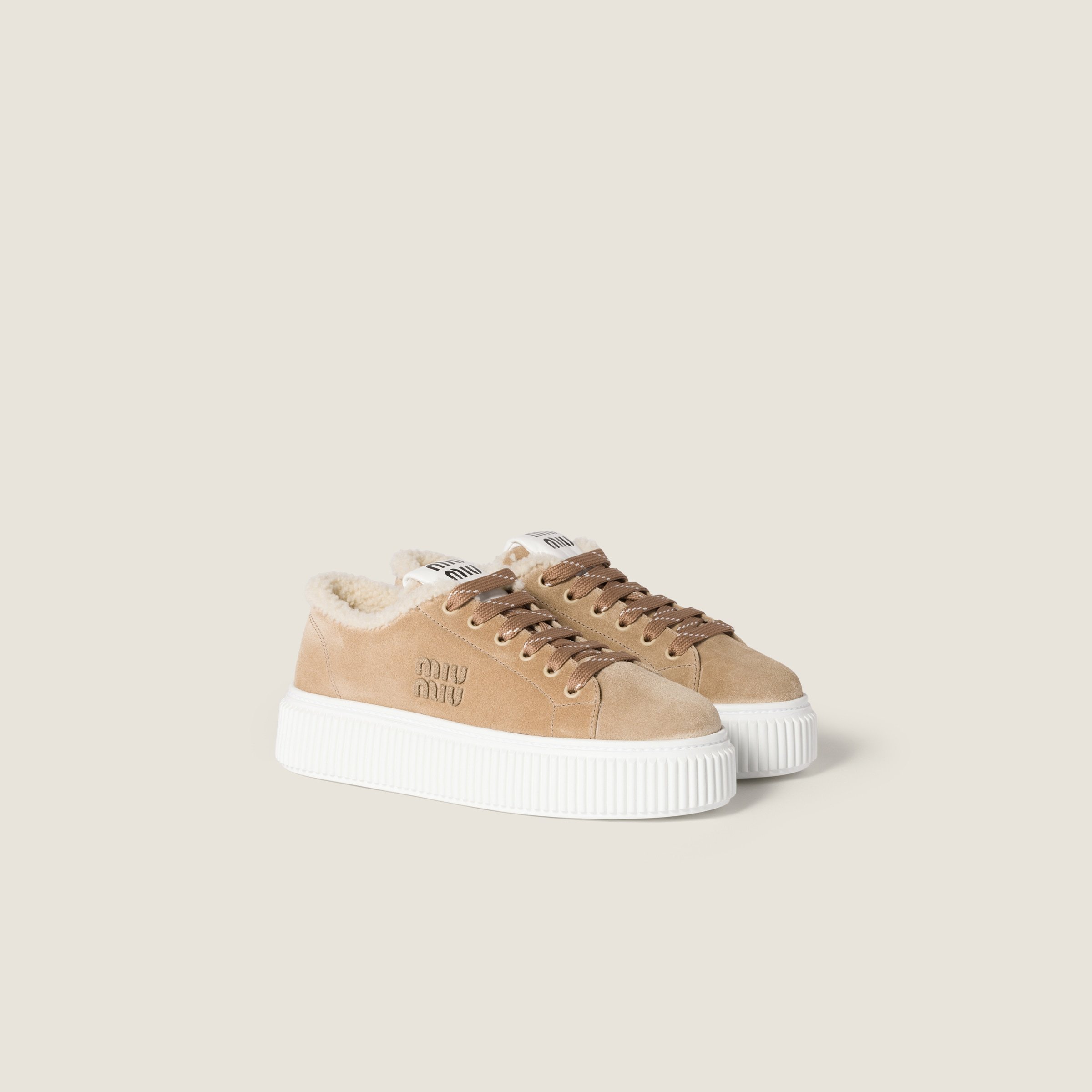 Miu Miu Suede And Shearling Sneakers In Neutral