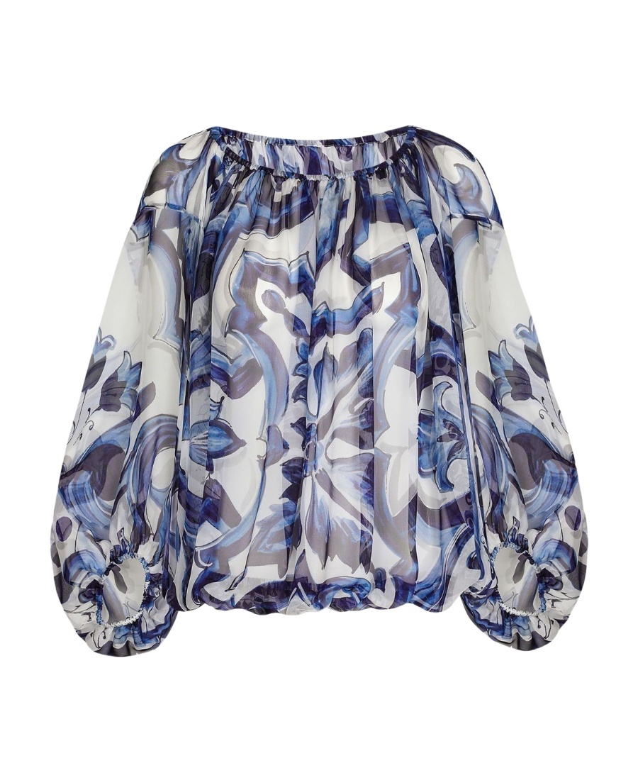 Dolce & Gabbana Majolica-print Off-shoulder Blouse In Blue