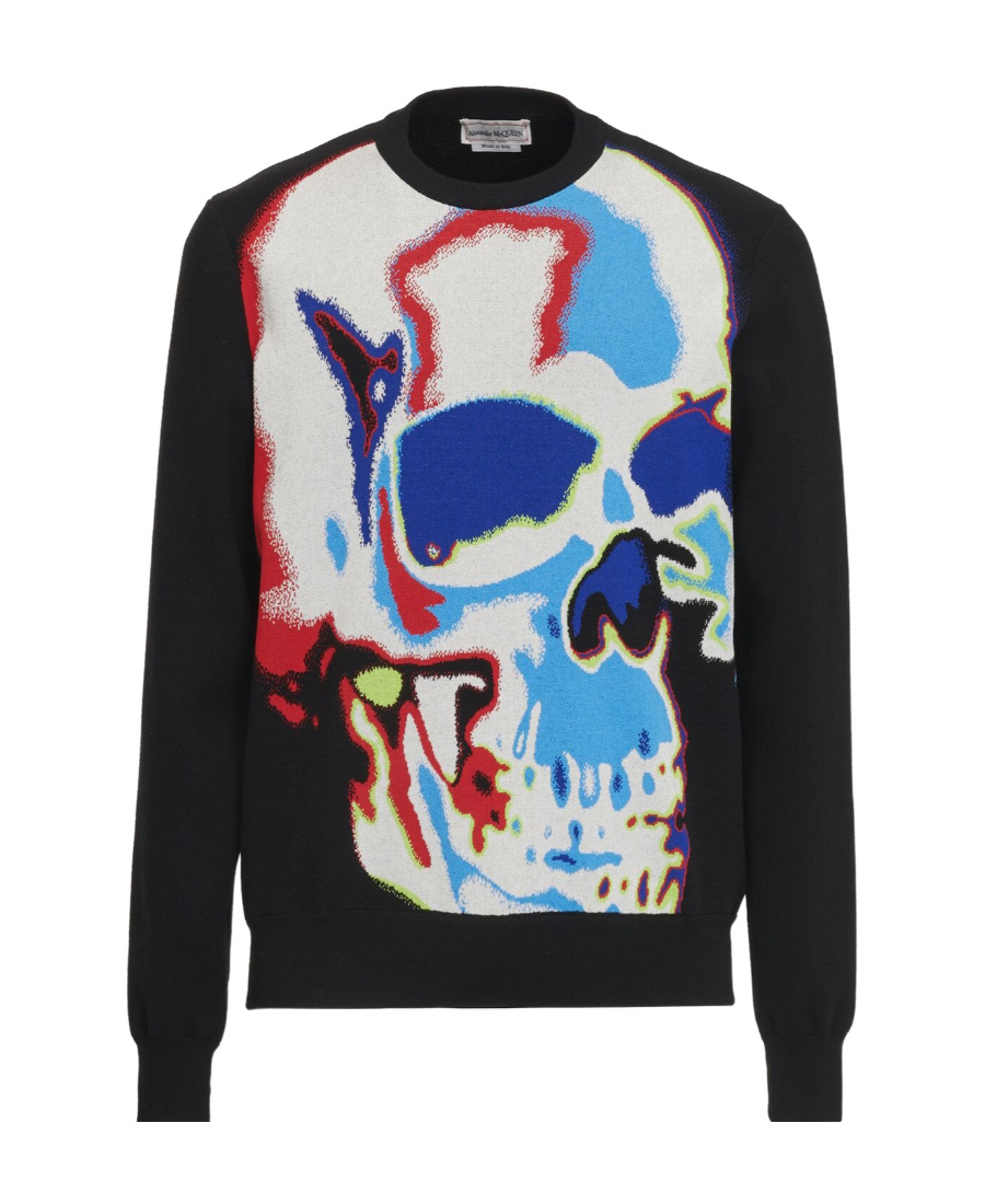Alexander Mcqueen Black Crewneck Sweatshirt With Multicolor Jacquard Skull In Wool Blend Man In Black