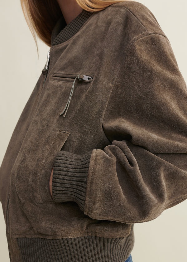 Arma Cropped Suede Bomber Jacket In Soil