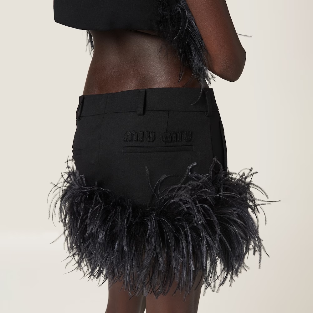 Miu Miu Feather-trimmed Grain De Poudre Miniskirt In Black