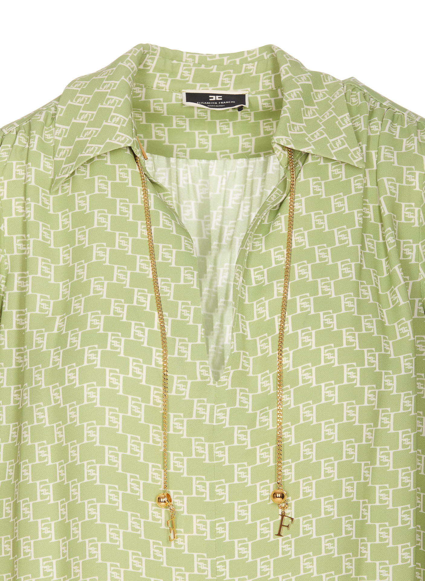 Elisabetta Franchi Printed Chain Detail V-neck Tops In Green