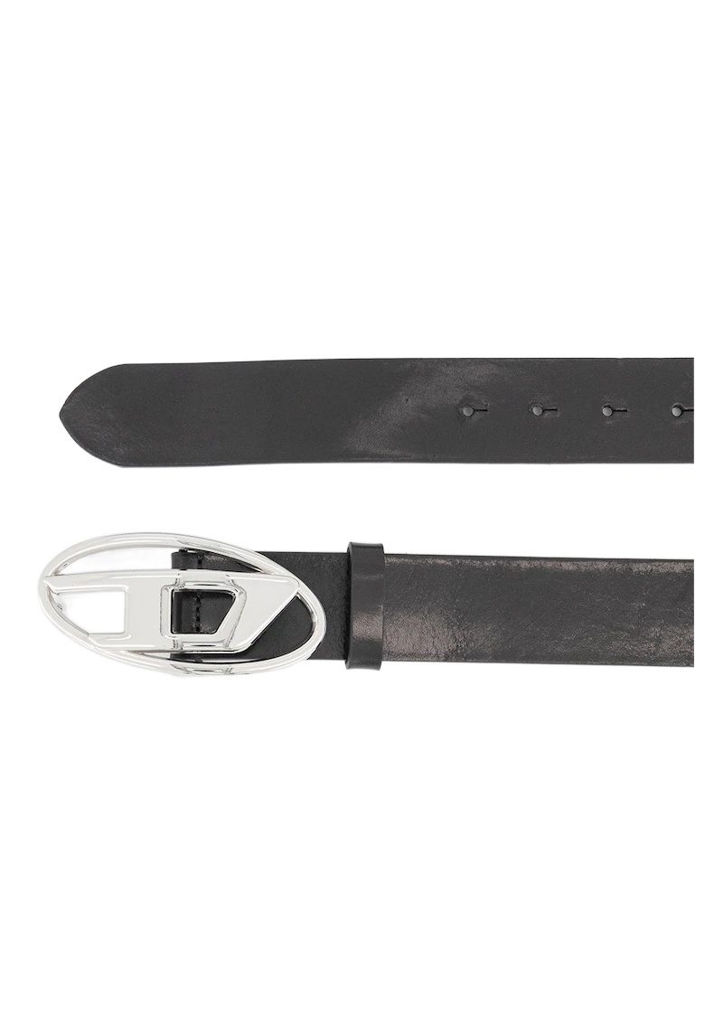 Diesel Black Leather Belt With Polished Oval Buckle