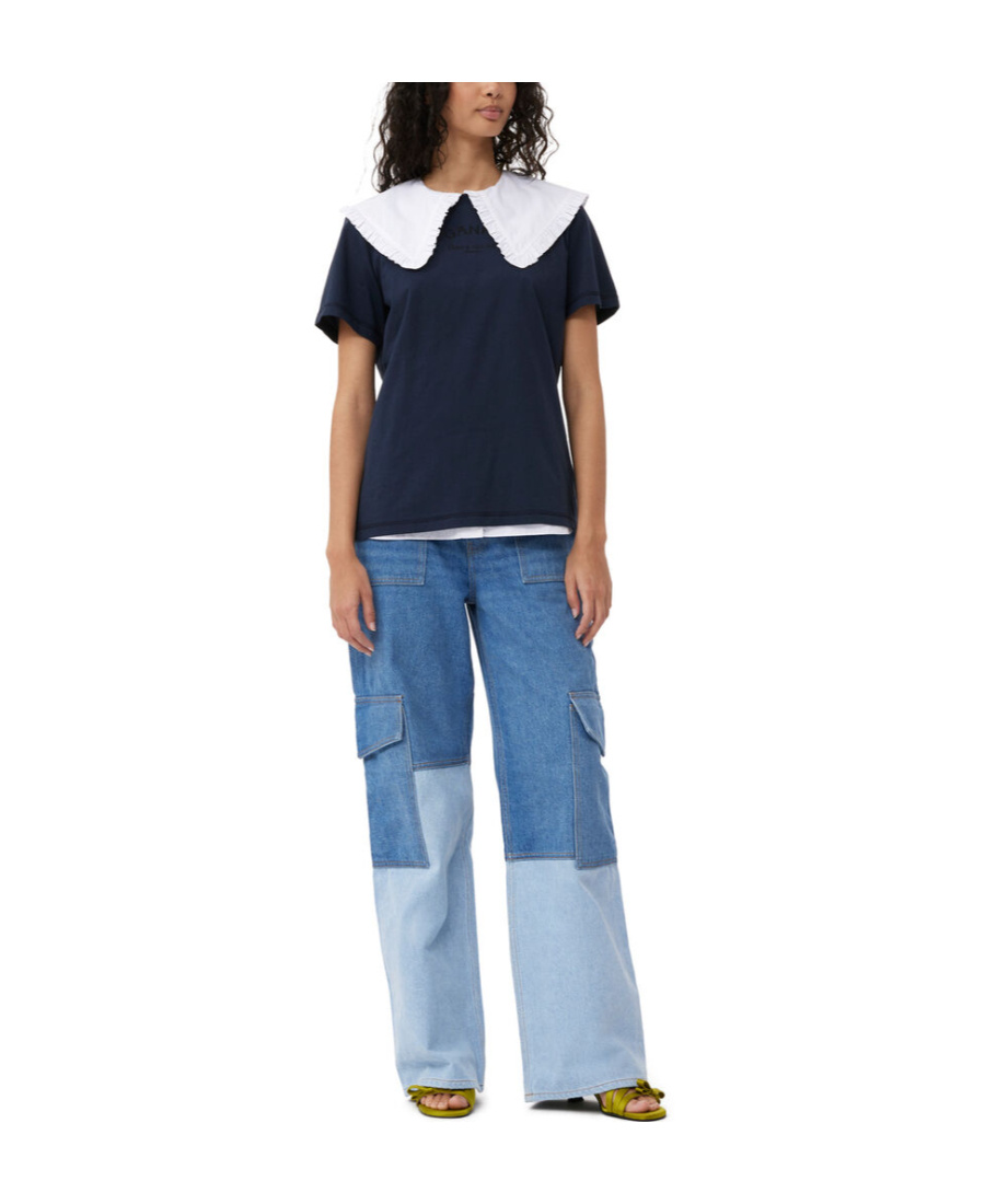 Ganni Womens Mid Blue Vintage Cutline Straight-leg High-rise Organic-denim Trousers In Blue