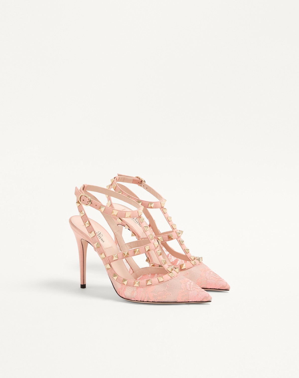 Valentino Garavani Rockstud Lace Pump With Straps 100mm Woman Peach Rose 40 In Pink