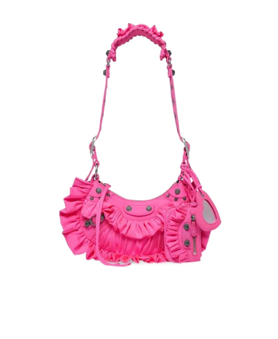 Balenciaga Green Leather Shoulder Handbag With Magnetic Closure And Metal Details In Pink