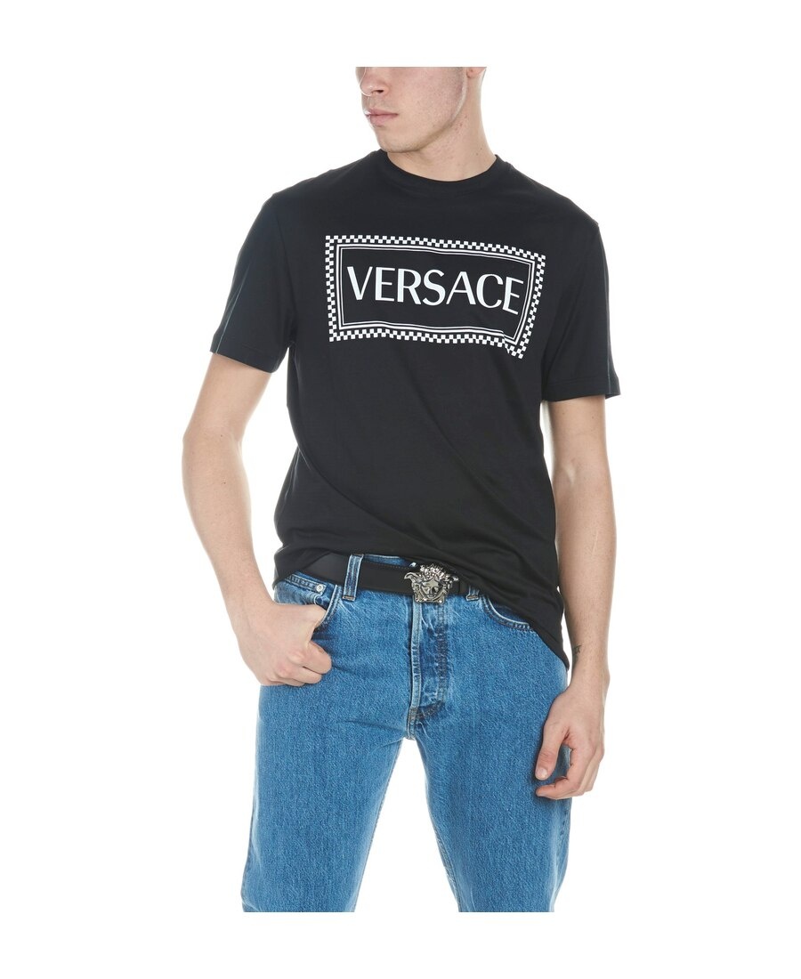 Shop Versace Logo Check Print Cotton T Shirt In Black
