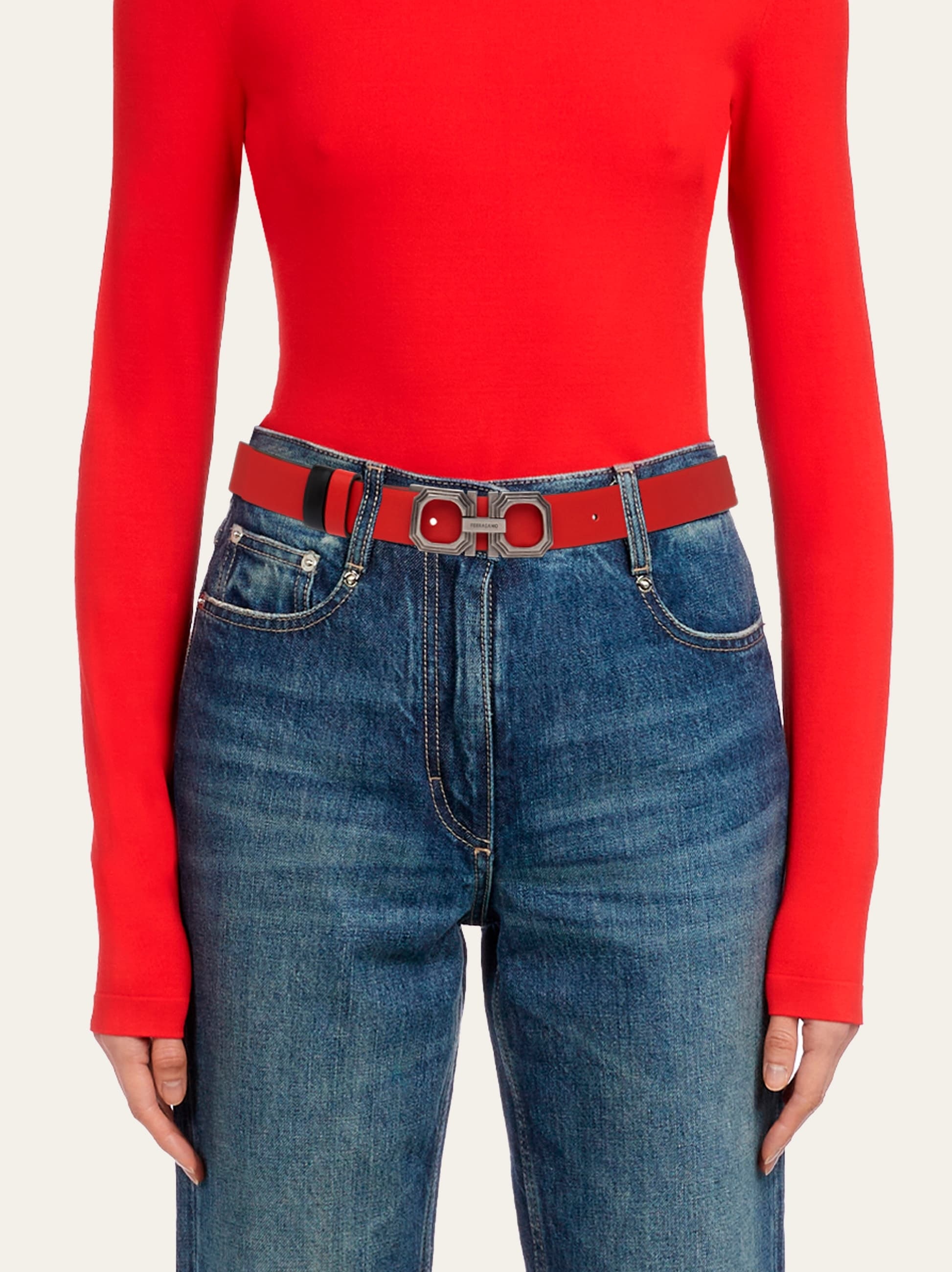 Ferragamo Gancini Belt Buckle Double-sided Belt In Red