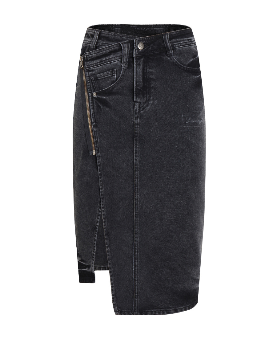 Liuregali Irregular Zipper Split Denim Skirt In Black
