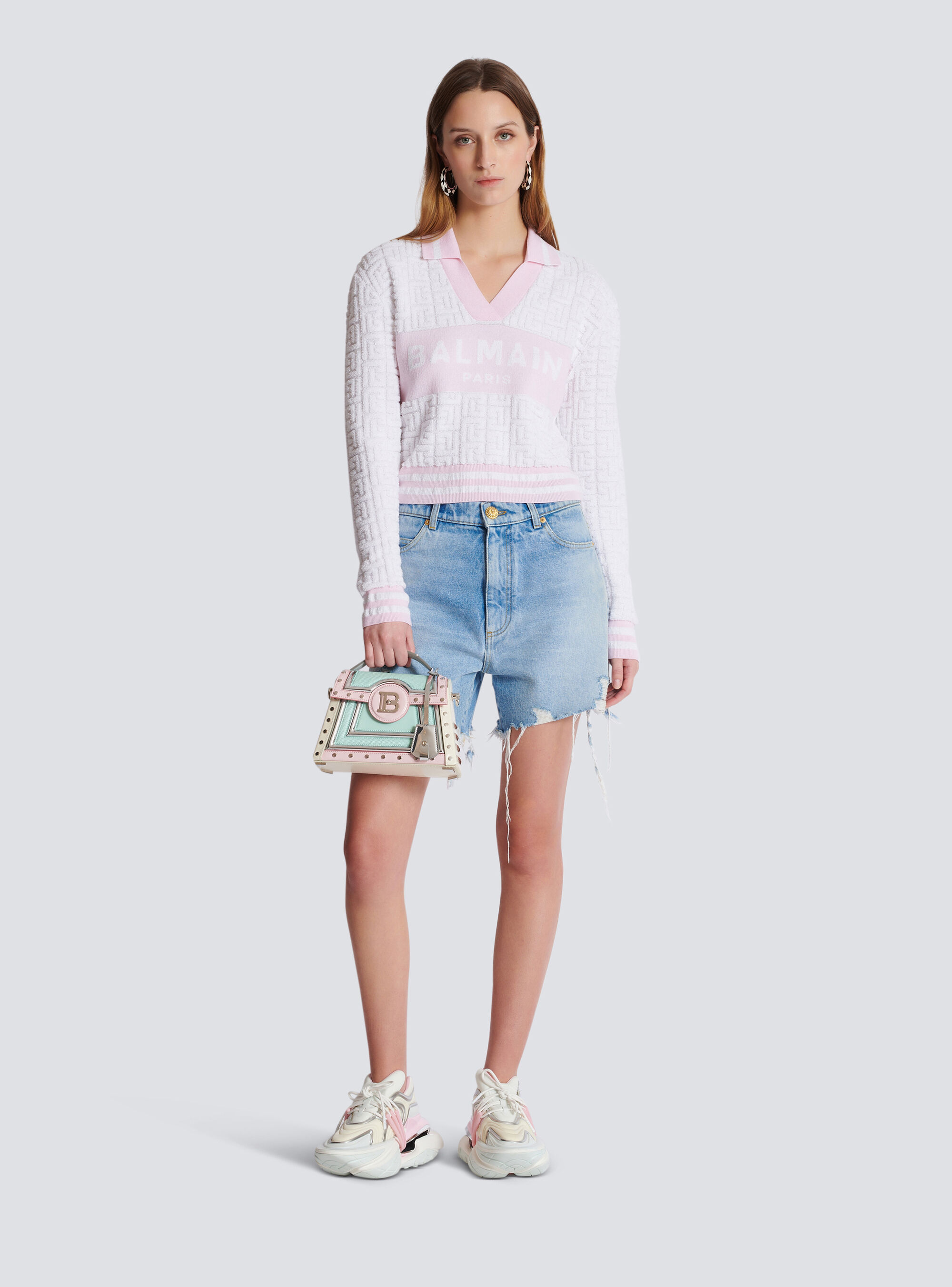 Balmain Pb Monogram-jacquard Polo Shirt In White