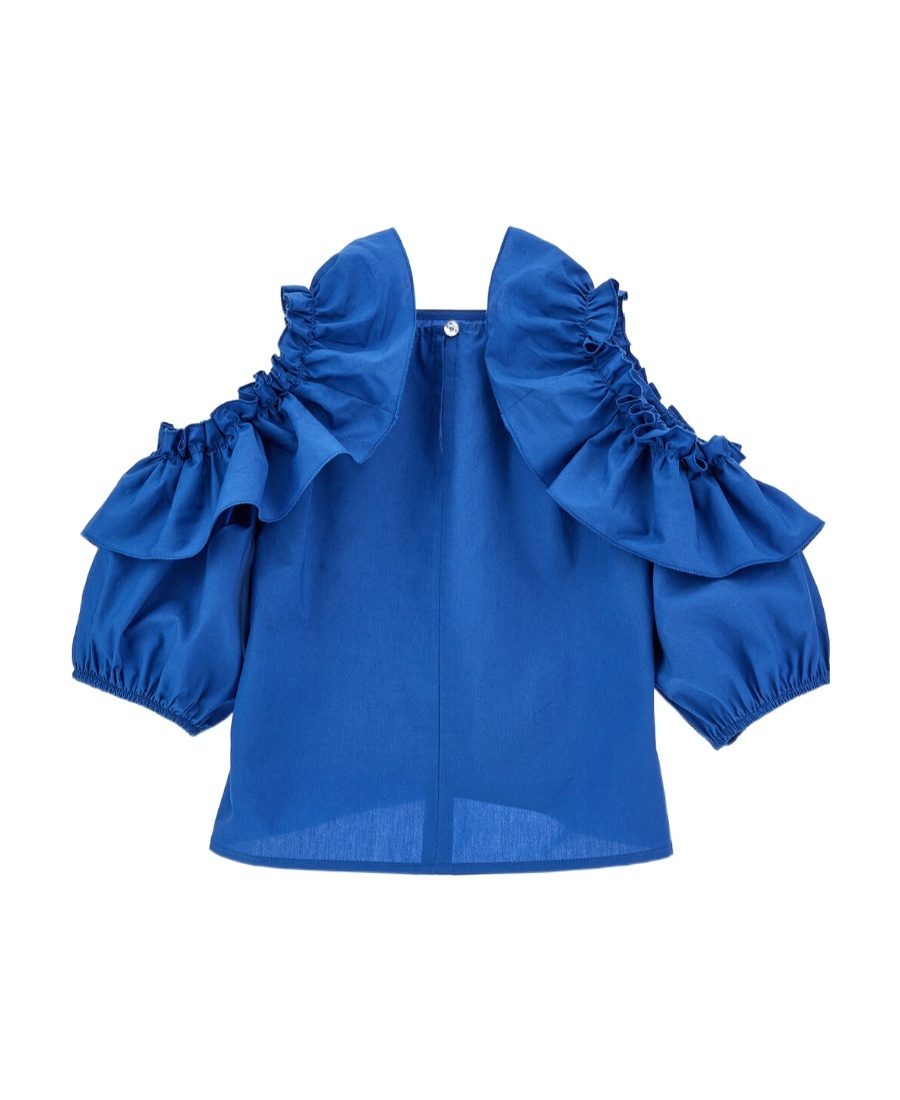 Monnalisa Cotton Ruffled Cut-out Top In Blue