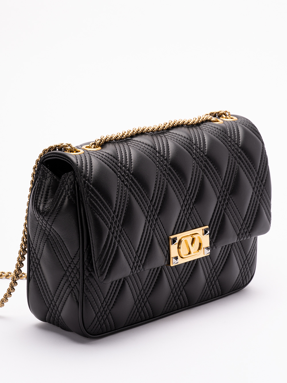Valentino Borsa A Spalla Trapuntata Nera Con Catena Dorata In Black