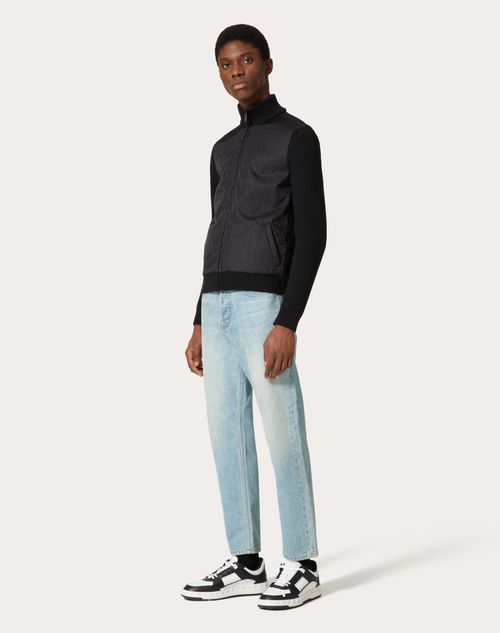 Valentino Wool Knit Jacket With Toile Iconographe Nylon Jacquard Front Panel In Black