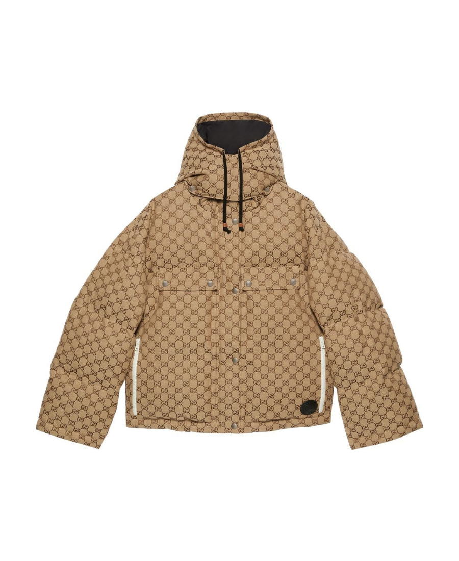 Gucci Gg Canvas Hooded Padded Jacket In Camel/ebony