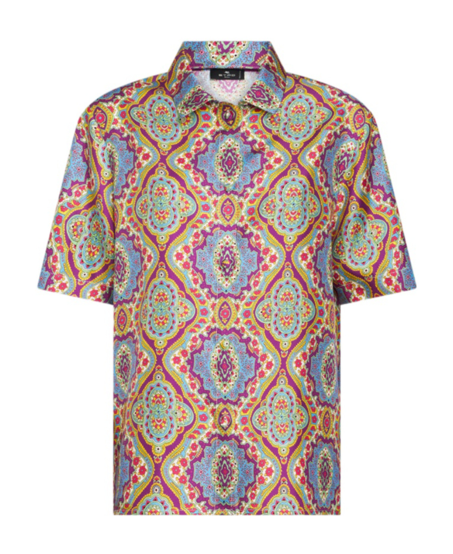 Etro Printed Silk Short Sleeve Bowling Shirt In Multicolor