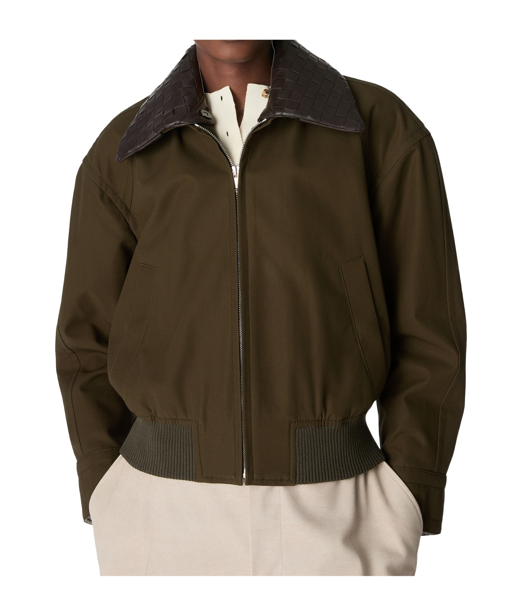 Bottega Veneta Leather-trimmed Cotton Twill Blouson Jacket In Brown