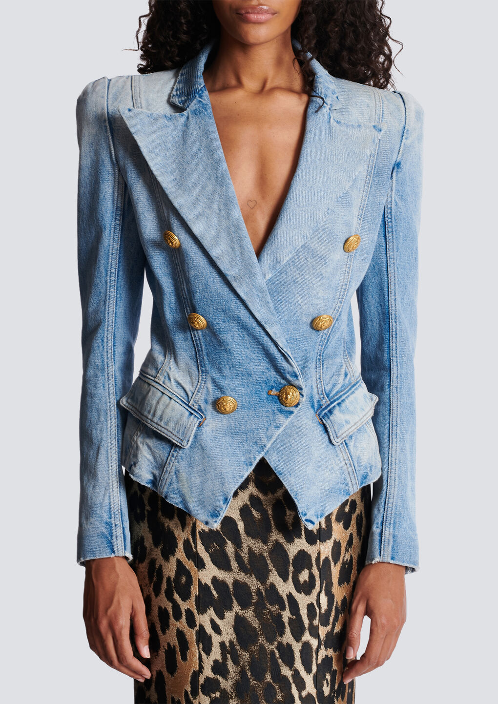 Shop Balmain Slim-fit Faded Denim Tailored Jacket In Gray
