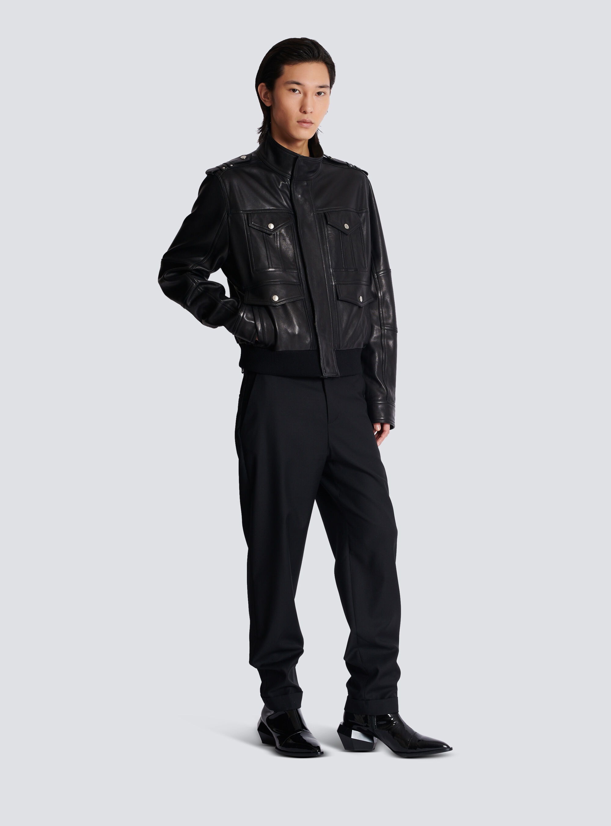 Balmain Lambskin Leather Jacket With 4 Pockets In Black