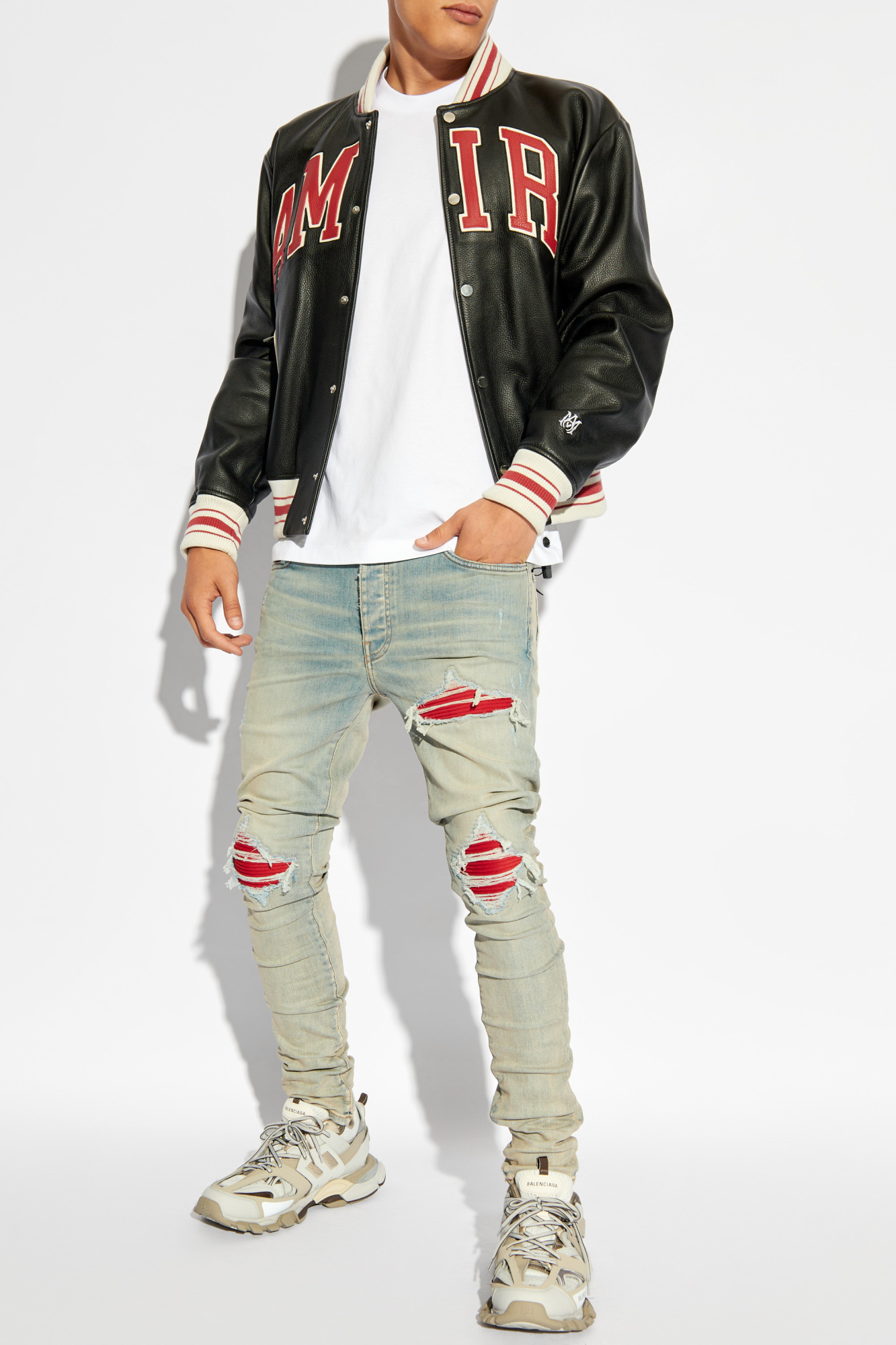 Amiri Mx1 Slim Fit Jeans With Distressed Red Accents In Gray