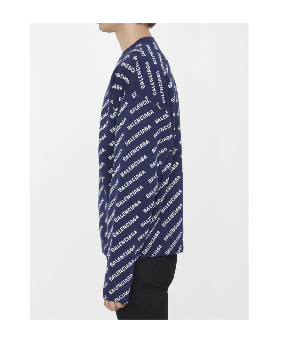 Balenciaga All-over Logo Crewneck Sweater In Blue