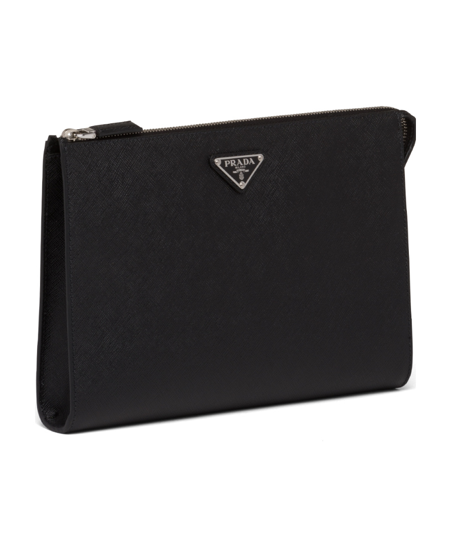 Prada Logo Plaque Zipped Clutch Bag In Black