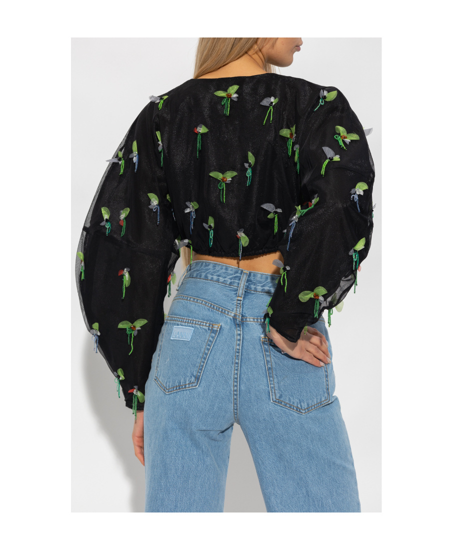 Ganni Bead-embellished Cropped Blouse In Black