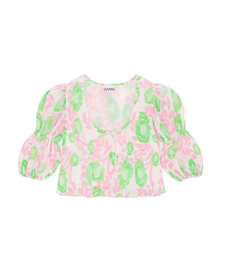 Ganni Short Sleeve Pleated Georgette U-neck Blouse In Pink