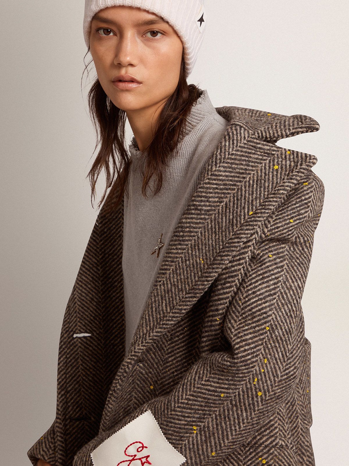 Golden Goose Berhen Long Herringbone Coat In Brown