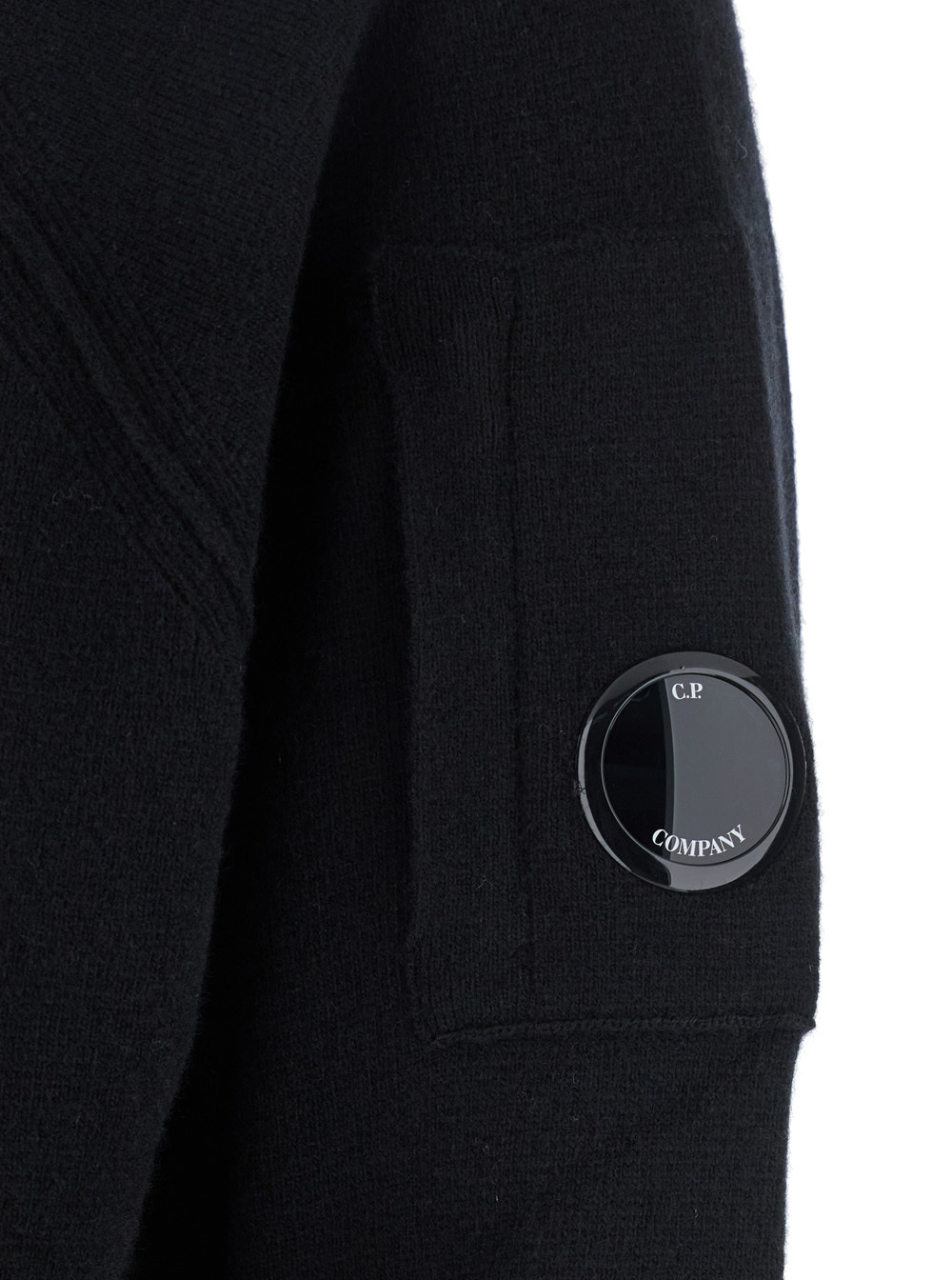 C.p. Company Black Cardigan With Drawstring Hood And Logo Plaque On The Sleeve In Black