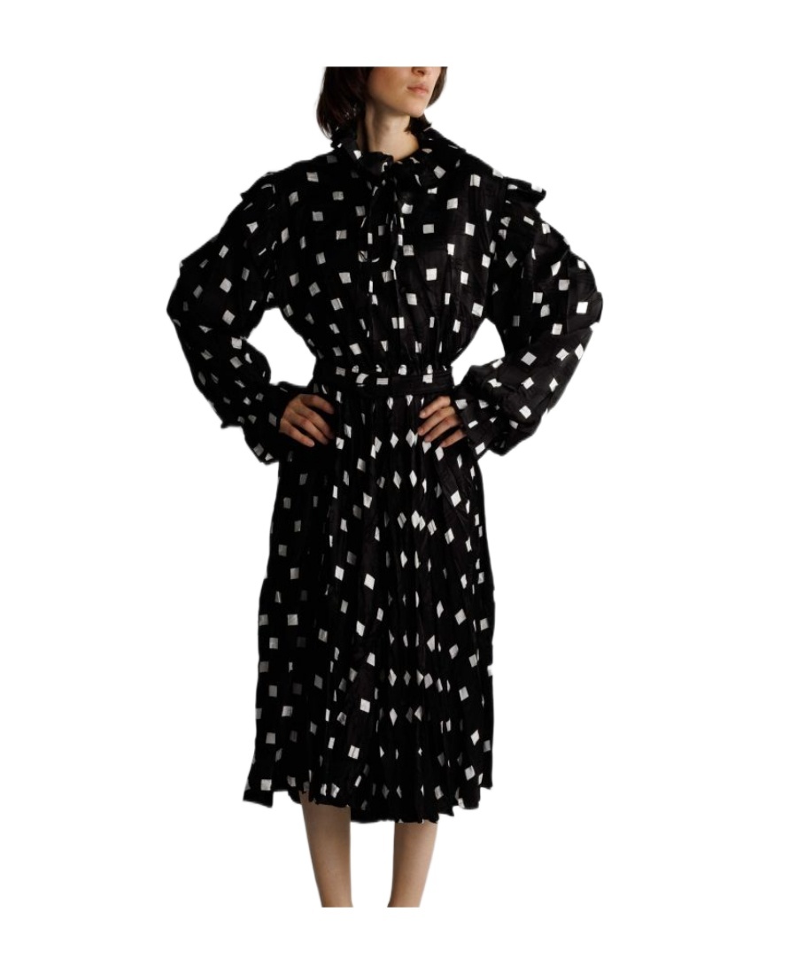 Balenciaga Black Ruffle Spot Print Midi Dress In Black