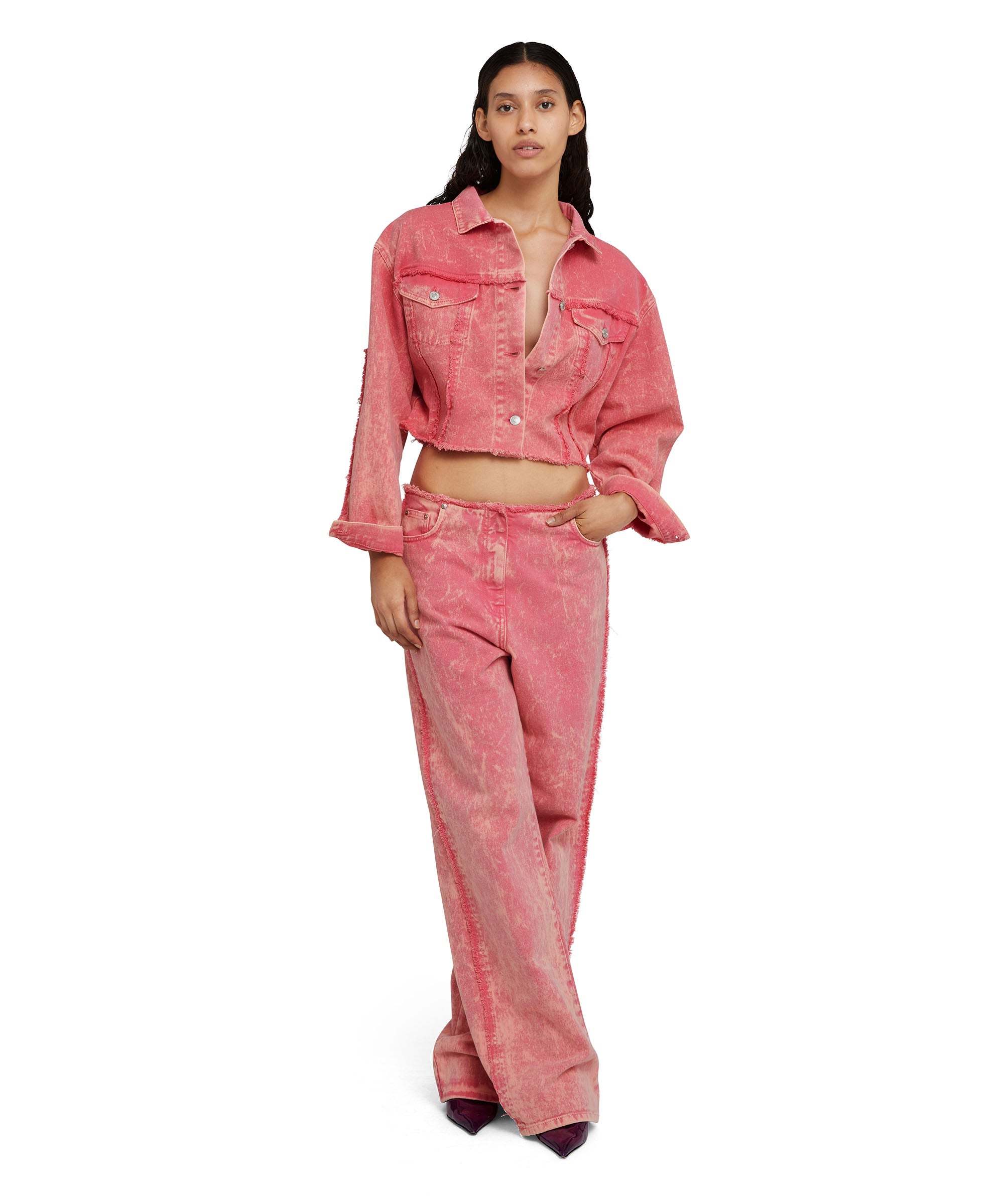 Shop Msgm Spliced Denim Coat In Pink