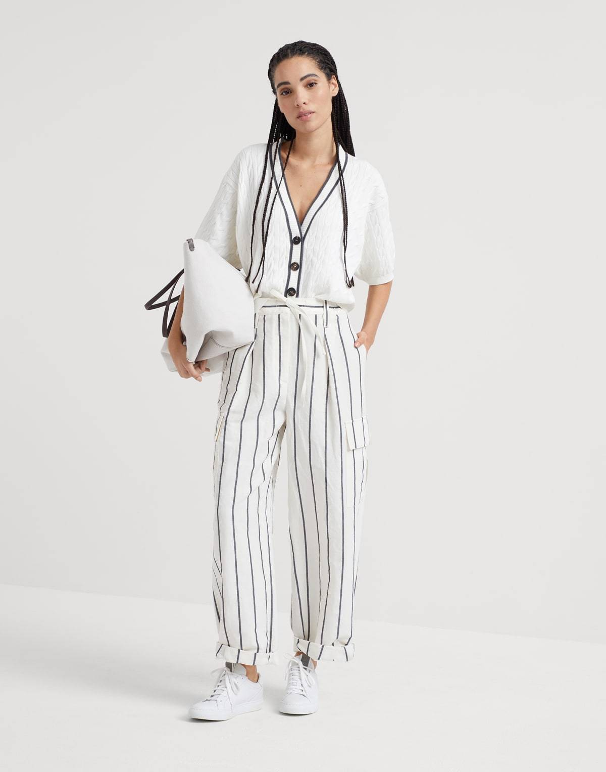 Brunello Cucinelli Striped Tapered Trousers In White