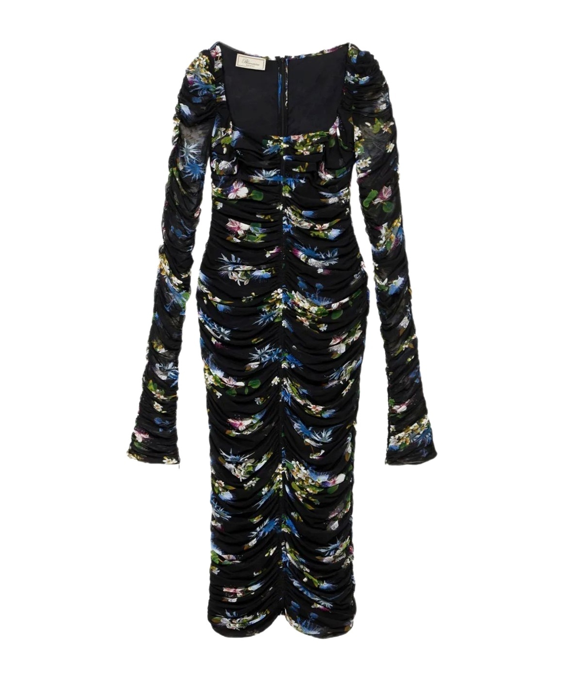 Blumarine Floral Tulle Dress With Long Sheer Sleeves In Black
