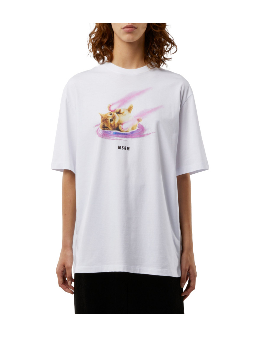 Msgm 'space Cat' Designs Cotton T-shirt With Round Neck In White