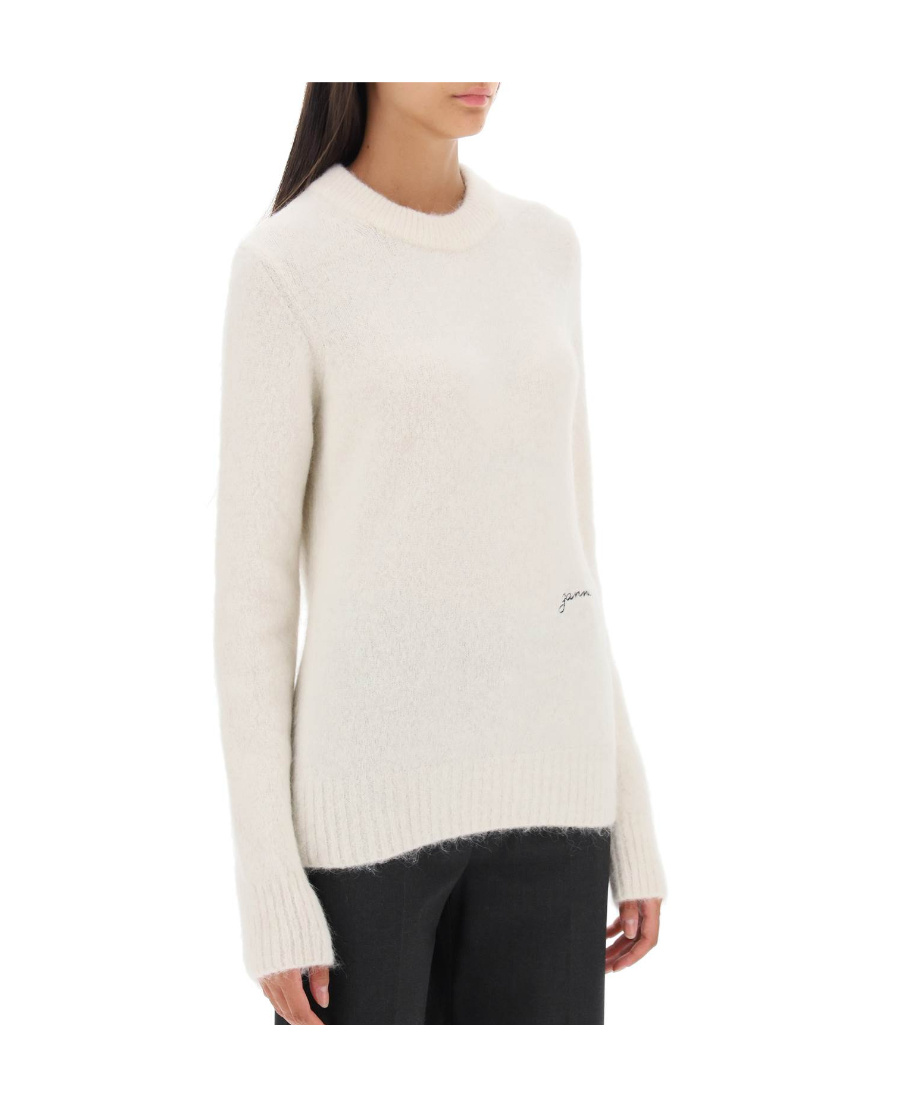 Ganni Womens Egret Logo-embroidered Round-neck Alpaca-blend Jumper In White
