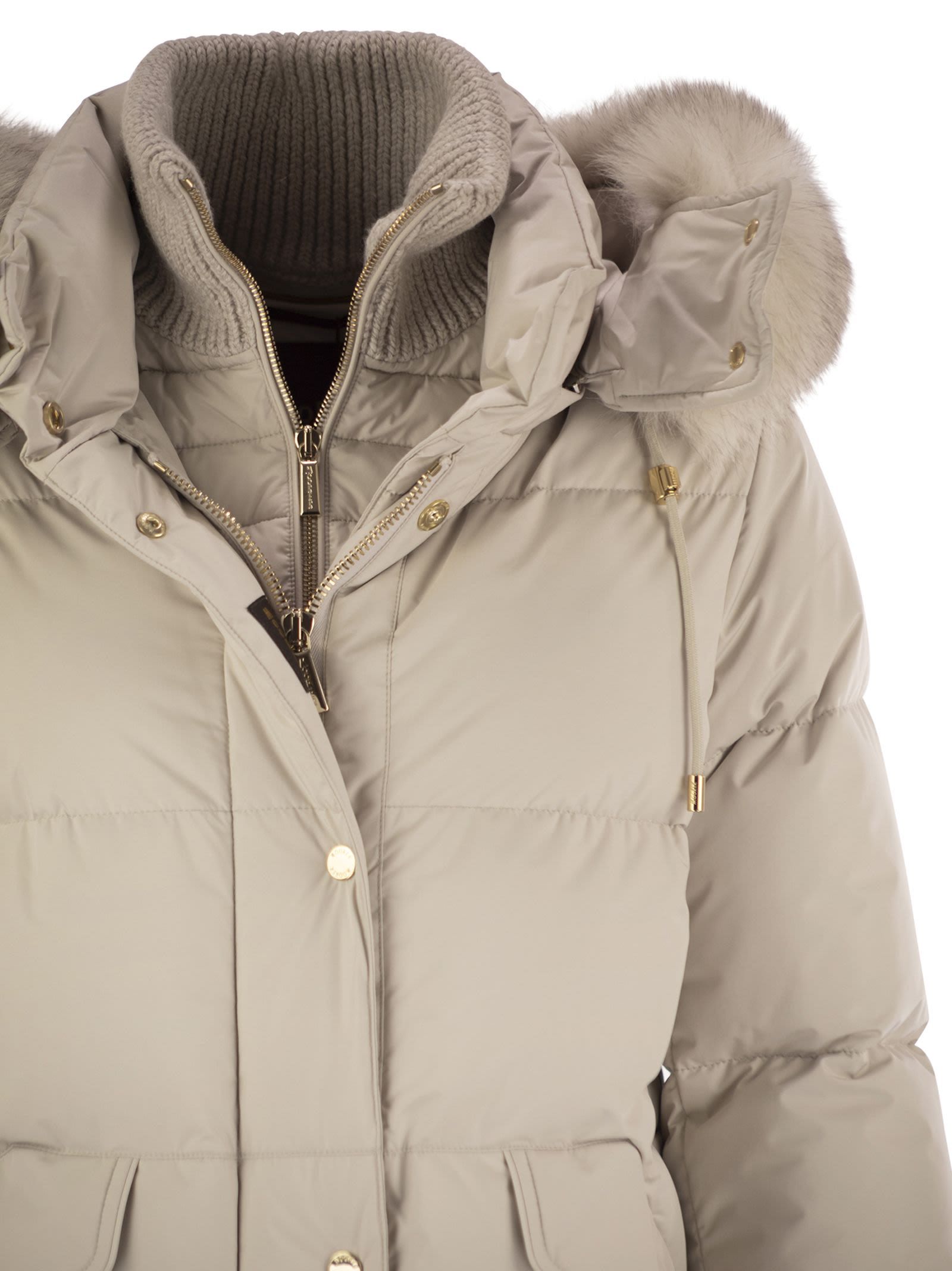Moorer Attica-stp - Short Down Jacket With Hood And Fur In Neutral