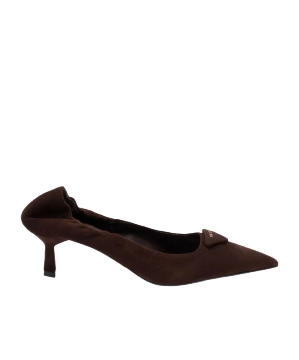 Prada Suede Kitten Heel Pumps With Pointed Toe In Brown