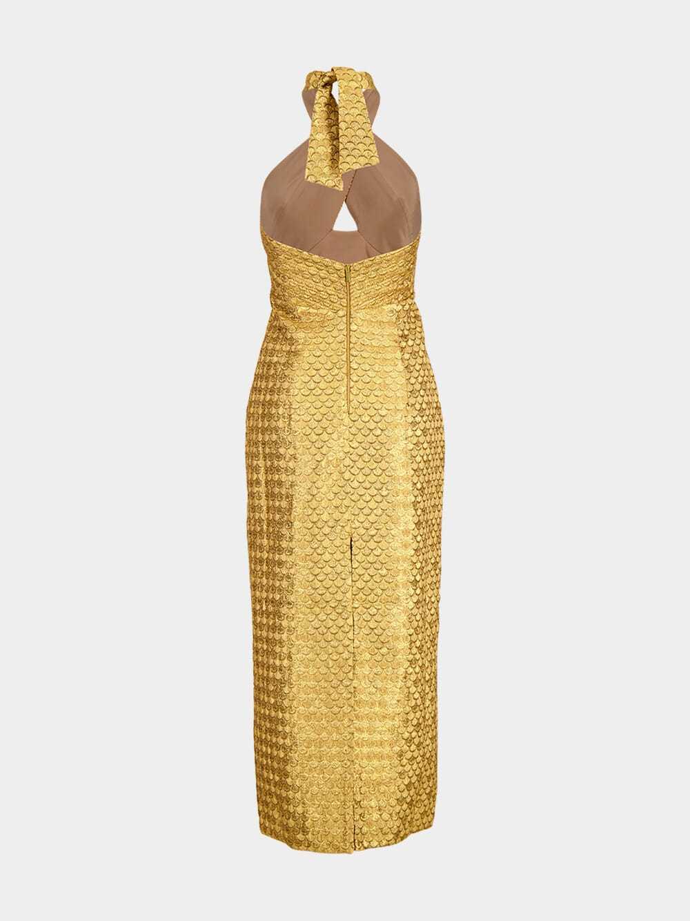 Johanna Ortiz Elegant Expedition Jacquard Halterneck Midi Dress In Gold