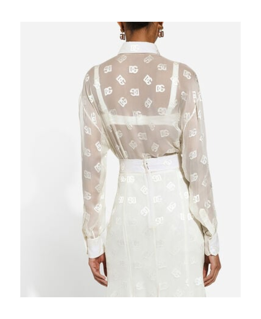 Dolce & Gabbana Devoré Satin Pussy-bow Shirt With All-over Dg Logo In White