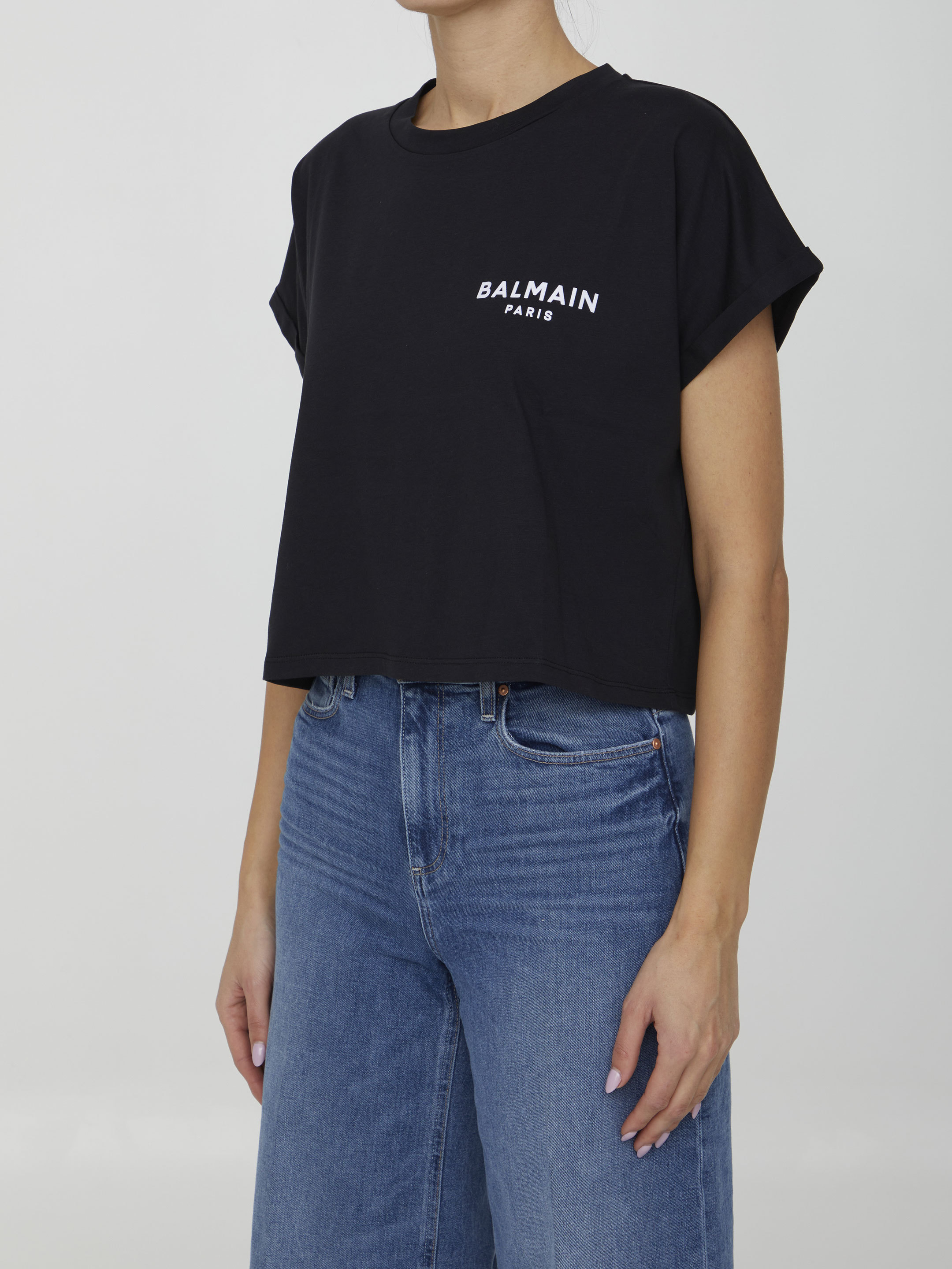 Balmain Cropped Cotton T-shirt With Small Flocked Logo In Black