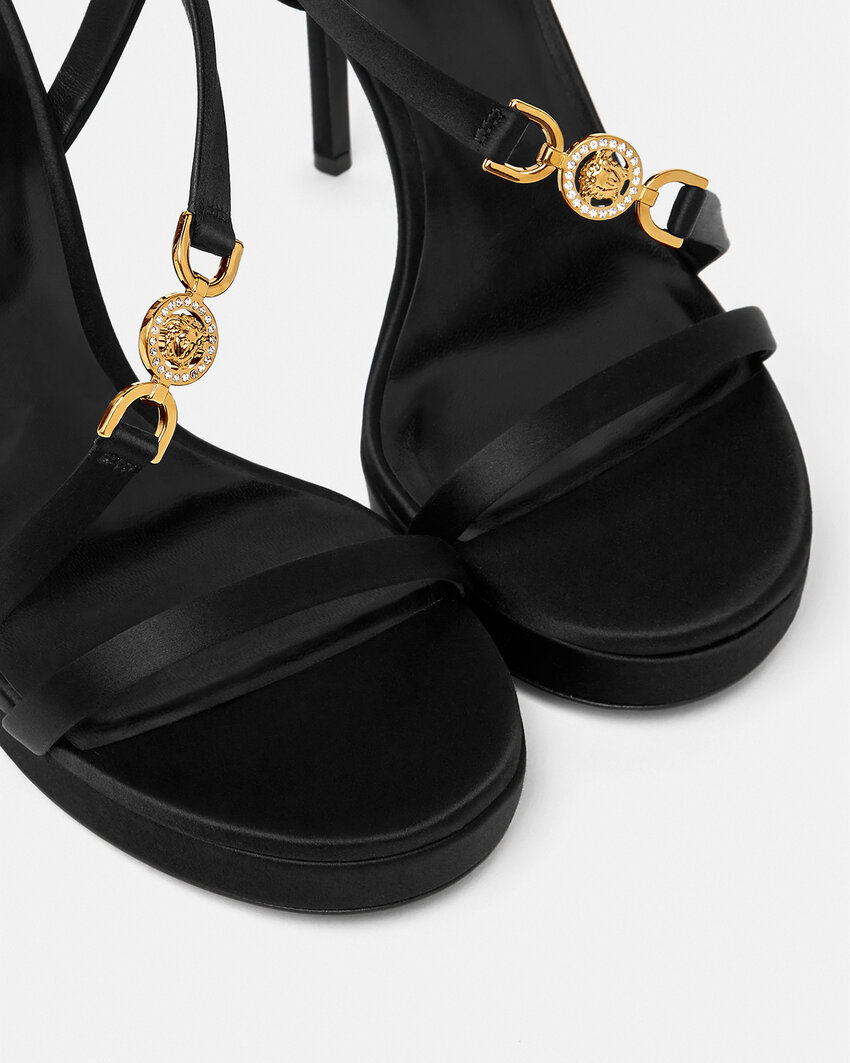Versace Satin Ankle Strap Sandals With Golden And Rhinestone Logo 12 In Black
