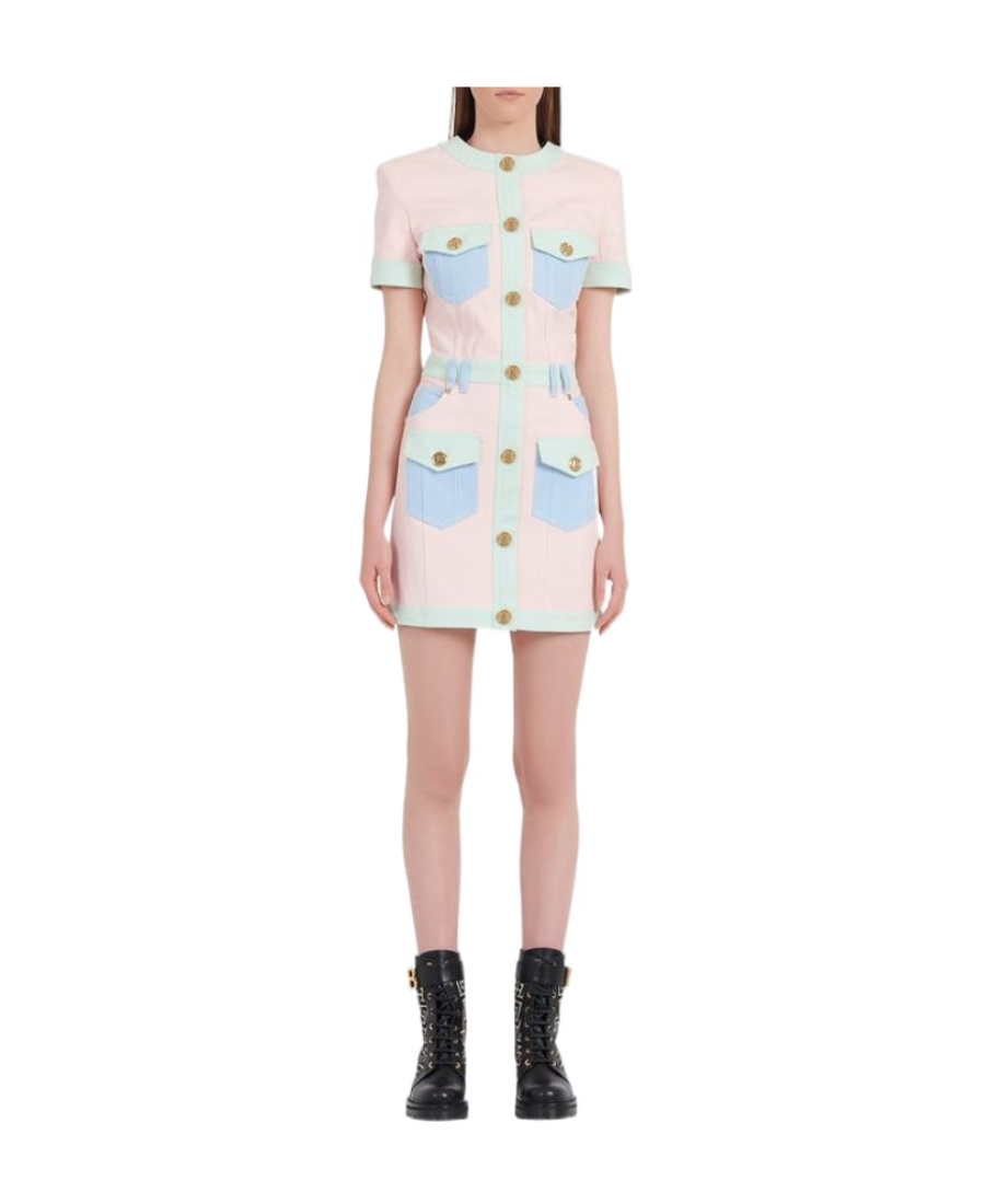 Balmain Multi-panel Short-sleeve Denim Dress In Pink