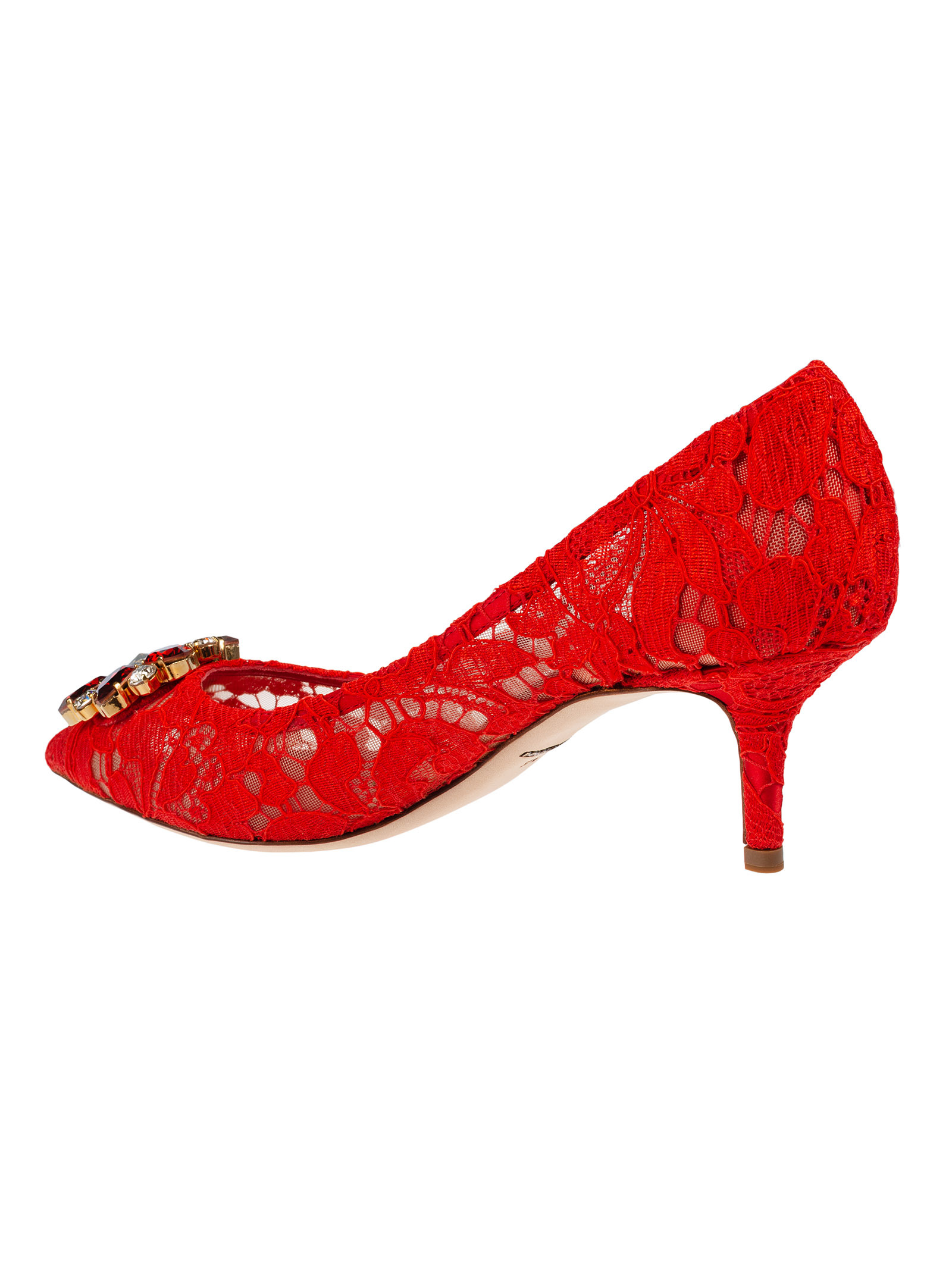 Dolce & Gabbana Bellucci 60 Brooch Embellished Lace Pumps In Red