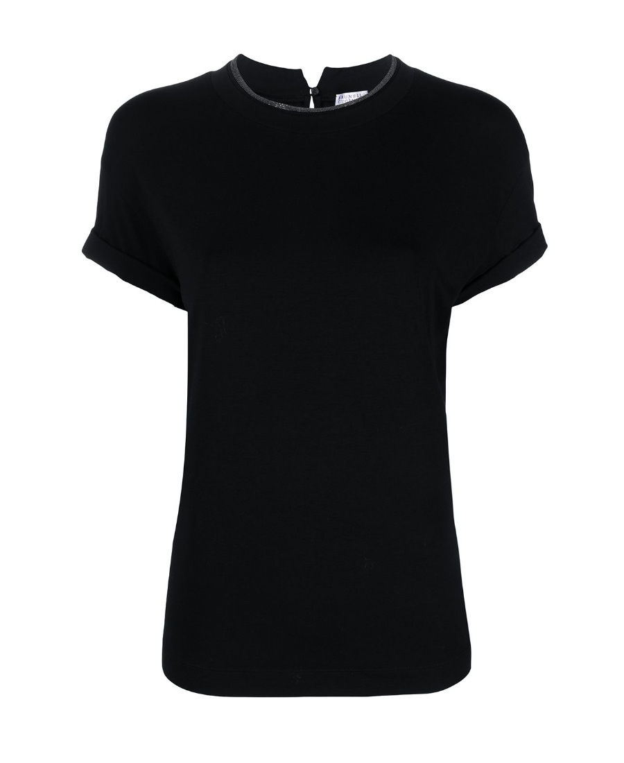 Brunello Cucinelli Short-sleeved T-shirt With Rolled Sleeves And Keyhole Detail In Black