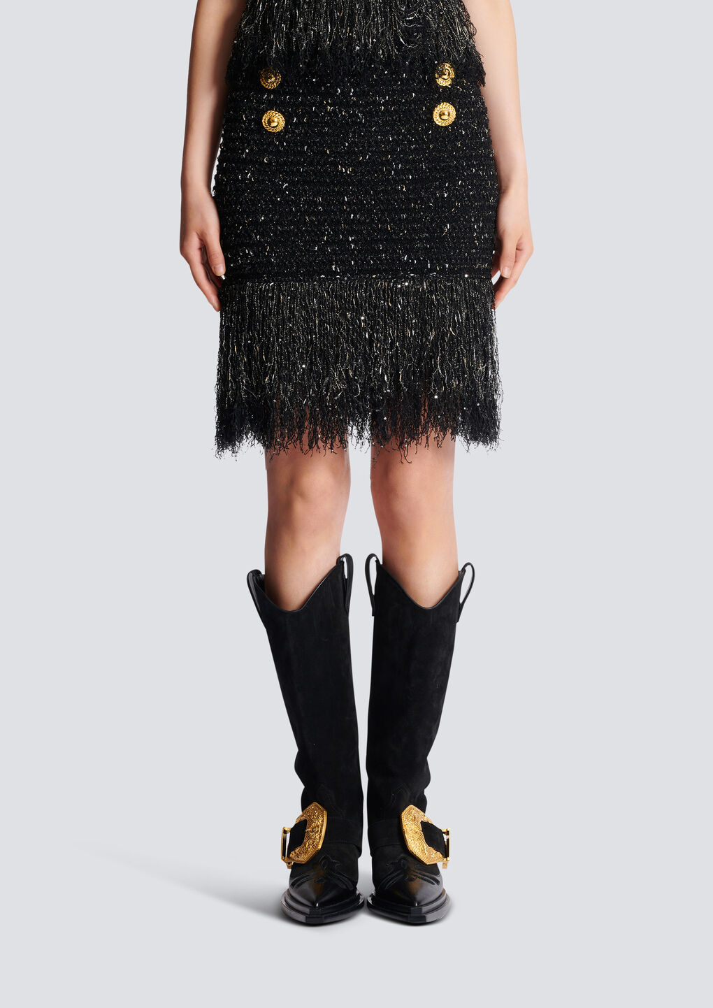 Balmain Fringed Tweed Short Skirt With 6 Buttons In Black