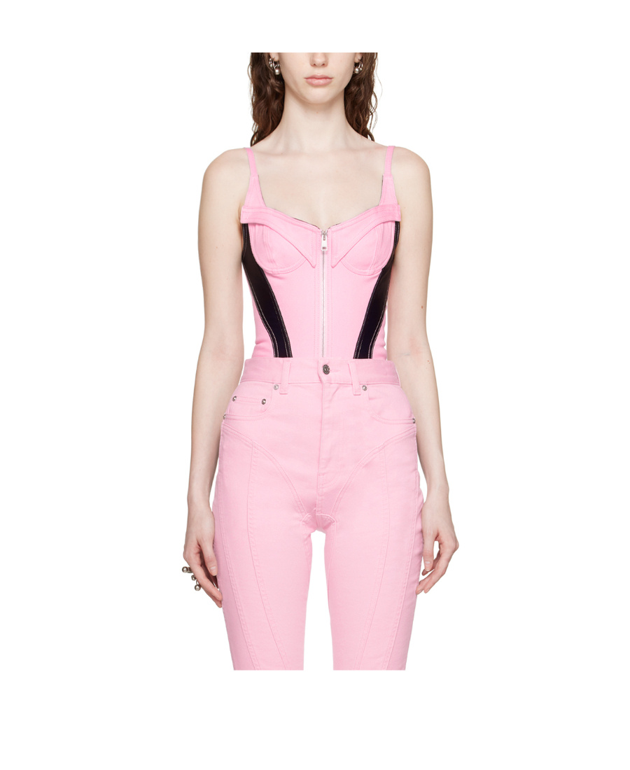 Shop Mugler Denim Corset Top In Pink